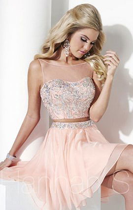 Hannah S 27944 Layered Two-Piece Short Chiffon Homecoming Dresses Sweetheart-Bodice Peach 2015