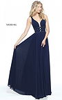 Square Sherri Hill 51183 Navy Beaded V-Neck Ruched Long Evening Dress