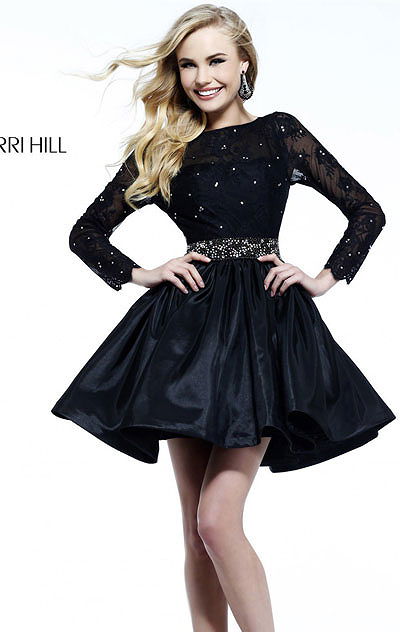 Cheap Sherri Hill 21215 Black Beaded Long Sleeves V Back Cocktail Dress