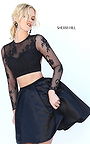 2016 Short Sherri Hill 50533 Black Lace Long Sleeve Two Piece Prom Dress