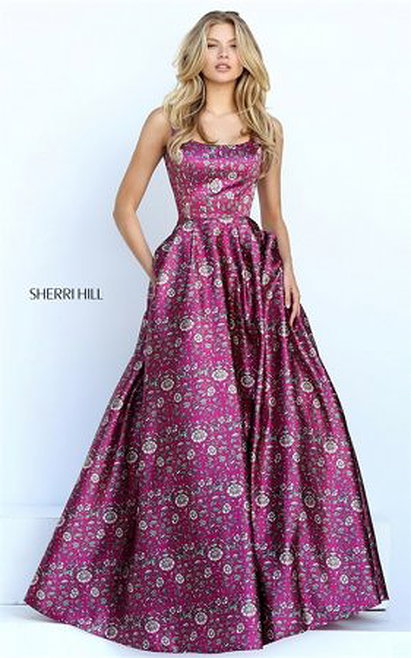 Plum Print Style Sherri Hill 50790 Deep V-back Square Prom 2017 Ball Gown