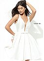 2017 Net Deep V Neck Ivory A-Line Pleated Satin Homecoming Gown Sherri Hill S50506 Bow Waistband