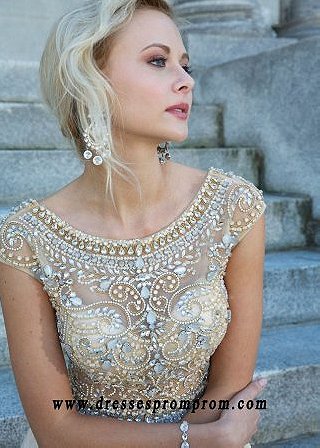Silver Gold Jeweled Bodice Long Nude Prom Dress Hot Trends