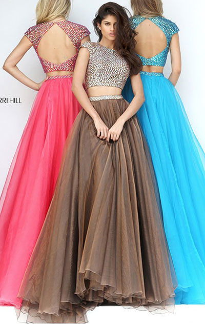 2017 Cap Sleeves High Neck Sherri Hill 50561 Beaded Light Brown 2 Piece Organza Evening Gown
