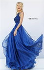 Beaded Halter Open Back Long Navy Evening Dress By Sherri Hill 50032