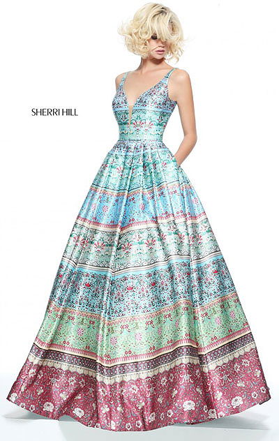 2017 Plunging V Neckline Printed Patterned Blue Sherri Hill 51212 Sleeveless Open Back Long Satin Prom Dresses