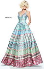 2017 Plunging V Neckline Printed Patterned Blue Sherri Hill 51212 Sleeveless Open Back Long Satin Prom Dresses