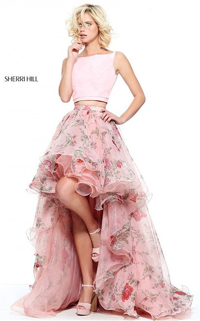2-Piece Long Sherri Hill 51098 Blush Floral Print 2017 Hi-Low Ruffled Dress