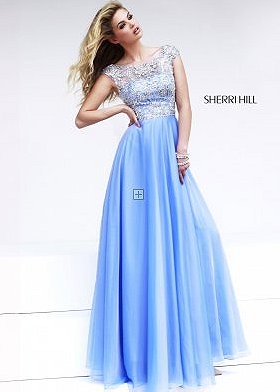Beaded Blue Sherri Hill 32017 Sparkling Illusion Chiffon Prom Dress 2015