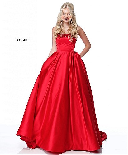 Beaded Neck Sherri Hill 51674 Strapless Red A Line Long Satin Prom Dresses 2018 - $200.00
