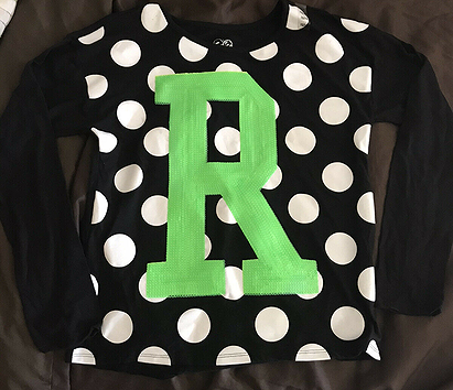 Justice Girl’s Sz 12/14 Initial R Shirt Top Black/white Green Sequined