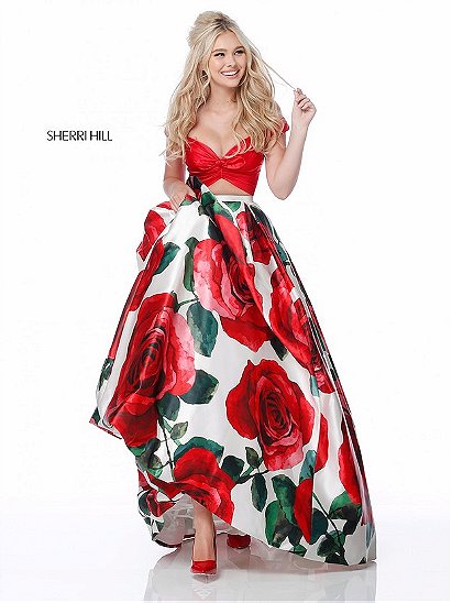 Sherri Hill 51815 Cap Sleeve 2018 Satin Red Rose Printed Long A Line Prom Dresses