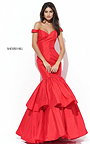 Sherri Hill Red 50733 Off Shoulder Layered Night Out Gown Mermaid Style