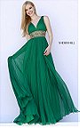 Sherri Hill 11189 Emerald Beaded V-Neck Pleated Evening Gown 2015