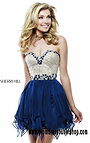 Sherri Hill 1928 Strapless Chiffon Layered Navy Beaded A-Line Cocktail Dress