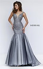Silver Embellished Beads V-Neck Lovely Low Back Fitted Mermaid Gown From Sherri Hill 11324