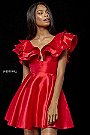 2018 V Neck 52360 Ruffle Sleeves Sherri Hill Short Satin Prom Dresses Red [Sherri Hill 52360 Red] - $190.00
