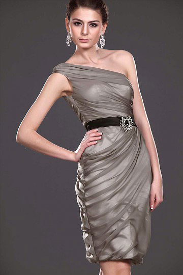 Sassy Gray One Shoulder Ruffles Short Backless Formal Cocktail Dresses With Belt