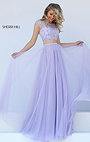 Lilac Beaded Patterned High Neckline 2016 Cap Sleeves Sherri Hill 50038 Two Piece Pleated Long Chiffon Prom Dresses
