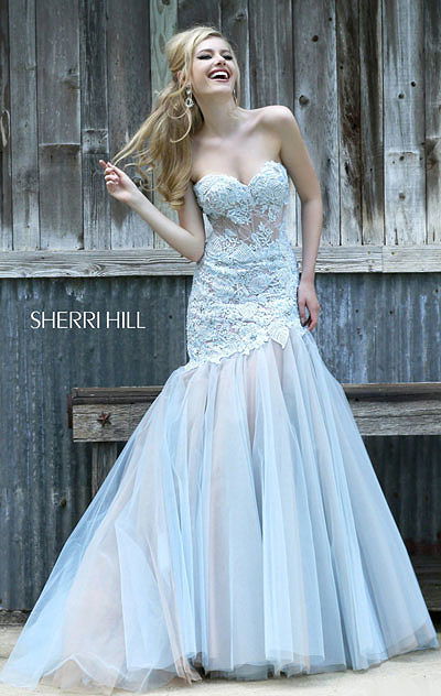2015 Blue/Nude Sherri Hill 11155 Strapless Bodice Long Tulle Prom Dress