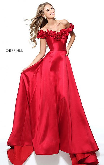 2017 Red 3D Floral Neckline Cap Sleeves Mikado Evening Gowns Sherri Hill 51030