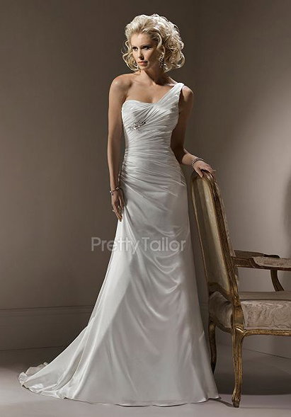 Satin Sheath/ Column Natural Waist One Shoulder Sleeveless Wedding Dress at prettytailor.com