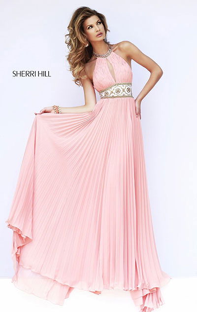Sherri Hill 11251 Peach Pleated 2015 Halter Neck Long Bodice Prom Dress