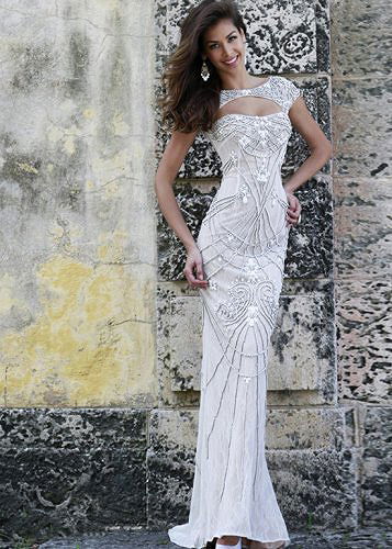 Long Fitted Beaded Cut Out Cap Sleeves Ivory Nude Prom Dress