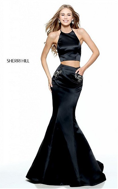 2017 Black Floral Halter Two-Piece Mermaid Gown By Sherri Hill 50811