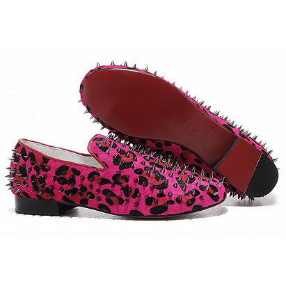 Christian Louboutin Rollerboy Spikes Womens Flat Shoes Red Leopard 