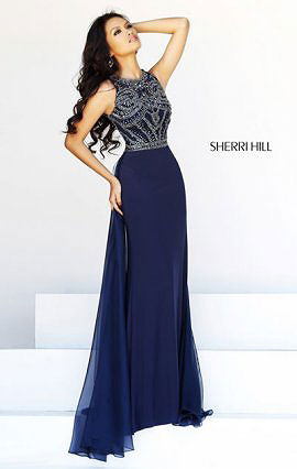 Beading Navy/Gunmetal Bodice Discount Sherri Hill 11069 Long Slim Prom Dress
