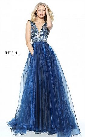2017 Sherri Hill 50970 Navy Print Plunging Neck Square Long Prom Dress