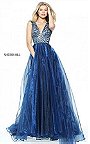 2017 Sherri Hill 50970 Navy Print Plunging Neck Square Long Prom Dress