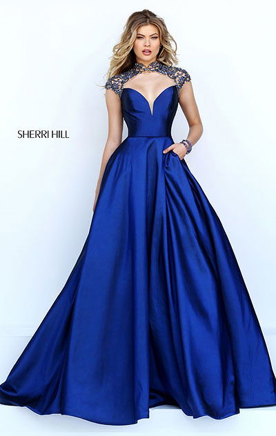 Beaded Sleeve 2016 High Neck Navy Long Satin Party Dresses Sherri Hill 50004