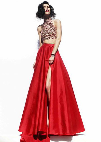 Long Red Halter Beaded Two Piece Side Slit Keyhole Back Prom Gown