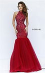 Ruby Tulle Sherri Hill 11323 High Neck Beaded Prom Dress Mermaid