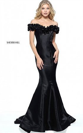 Floral Embellished Cutout Off Shoulder Black Mermaid Dress Sherri Hill 51103