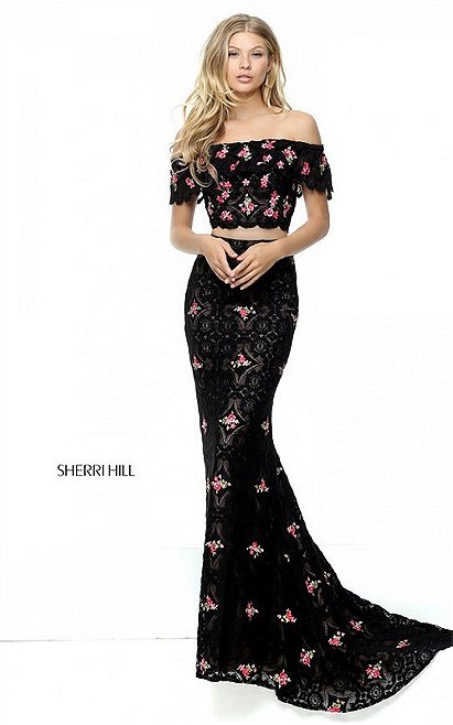 2-Piece Sherri Hill 50785 Slim Black Floral Appliqued Off Shoulder Formal Dress