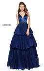 2017 Beaded Sherri Hill Navy 50844 Layers Appliqued Prom Gown Long
