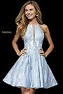 2018 Light Blue Sherri Hill 52177 Short Brocade Cocktail Dresses V Neckline