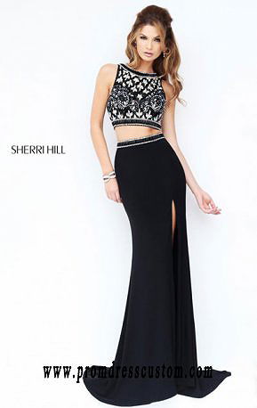 Scoop-Neck Sherri Hill 9731 Beaded 2015 Two-Piece Black Long Prom Dresses