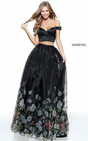 2-Piece Sherri Hill 51053 Floral Off Shoulder Black Print Prom Dress 2017