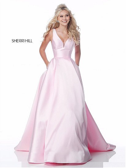 2018 V Neckline A Line Long Taffeta Evening Dresses Pink Sherri Hill 51856