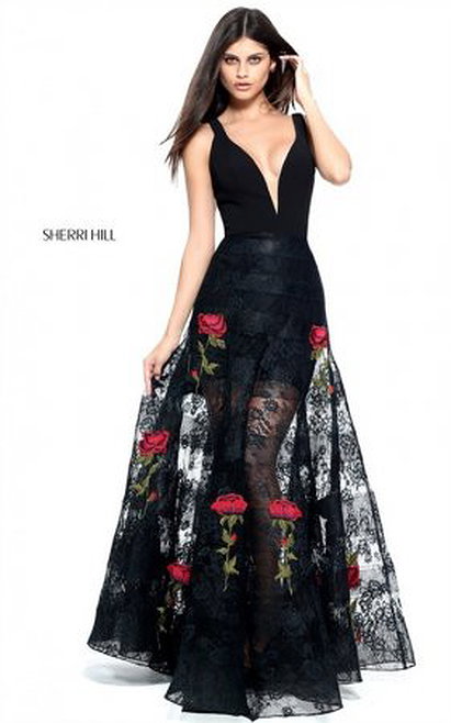2017 Black Floral Embroidered Lace V-Neck Evening Dress By Sherri Hill 51170