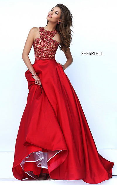 Halter Neckline Sleeveless Red Sherri Hill 50106 Beaded Patterned Long Satin Evening Gown 2016