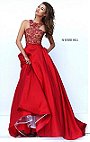 Halter Neckline Sleeveless Red Sherri Hill 50106 Beaded Patterned Long Satin Evening Gown 2016