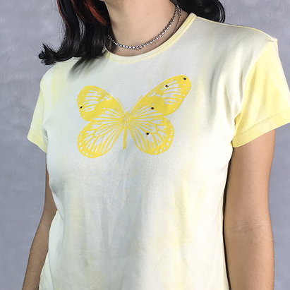 Vintage Y2K 00s yellow tie dye butterfly top with rhinestones