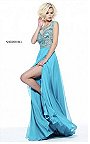 2017 Floral Appliqued Sherri Hill 50986 Turquoise Jeweled Slit Party Dress