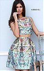 2017 Sherri Hill 50854 Blue Floral Prints High Neck Two Piece Short Satin Prom Dresses [Sherri Hill 50854 Blue] - $220.00