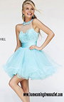 Aqua Sherri Hill 21227 Beaded Lace Embellished Halter Short Homecoming Dress